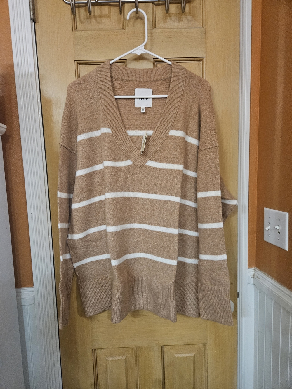 Aerie Camel and White Striped V-Neck Sweater